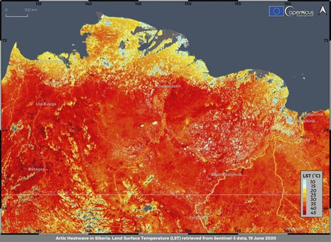 Αυτή η φωτογραφία που τραβήχτηκε την Παρασκευή 19 Ιουνίου 2020 από την Υπηρεσία Κλιματικής Αλλαγής ECMWF Copernicus δείχνει τη θερμοκρασία της επιφάνειας της γης στην περιοχή της Σιβηρίας. Μια θερμοκρασία-ρεκόρ 38 βαθμών Κελσίου καταγράφηκε στην πόλη της Αρκτικής, Βερκχογιάνσκ, το Σάββατο 20 Ιουνίου, σε ένα παρατεταμένο κύμα θερμότητας που έχει προκαλέσει ανησυχία στους επιστήμονες σε όλο τον κόσμο. ECMWF COPERNICUS CLIMATE CHANGE SERVICE VIA AP