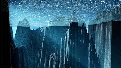 Καλλιτεχνική απεικόνιση της αρκτικής λίμνης με την Ισλανδία προς τα εμπρός και την Γροιλανδία στα δεξιά (Martin Künsting)