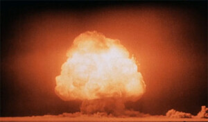 Mushroom cloud of 'Gadget' over Trinity, seconds after detonation