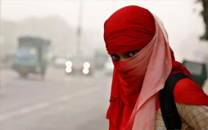 Μία γυναίκα στο Νέο Δελχί περιμένει το λεωφορείο έχοντας καλύψει με μαντήλι το πρόσωπό της για να προστατευτεί από το νέφος που υπάρχει στην πόλη και οδηγεί πολλές φορές σε λήψη μέτρων όπως το κλείσιμο των σχολείων.  - REUTERS/SAUMYA KHANDELWAL