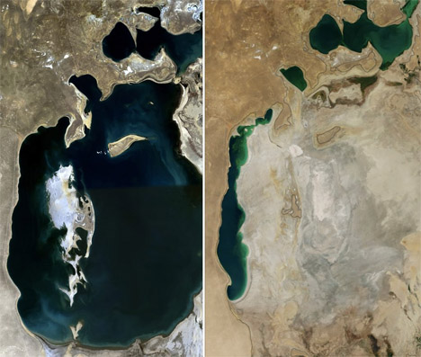 H λίμνη Αράλη, ανάμεσα στο Καζακστάν και το Ουζμπεκιστάν, ήταν κάποτε η τέταρτη μεγαλύτερη του κόσμου. Σήμερα κινδυνεύει να εξαφανιστεί (NASA)
